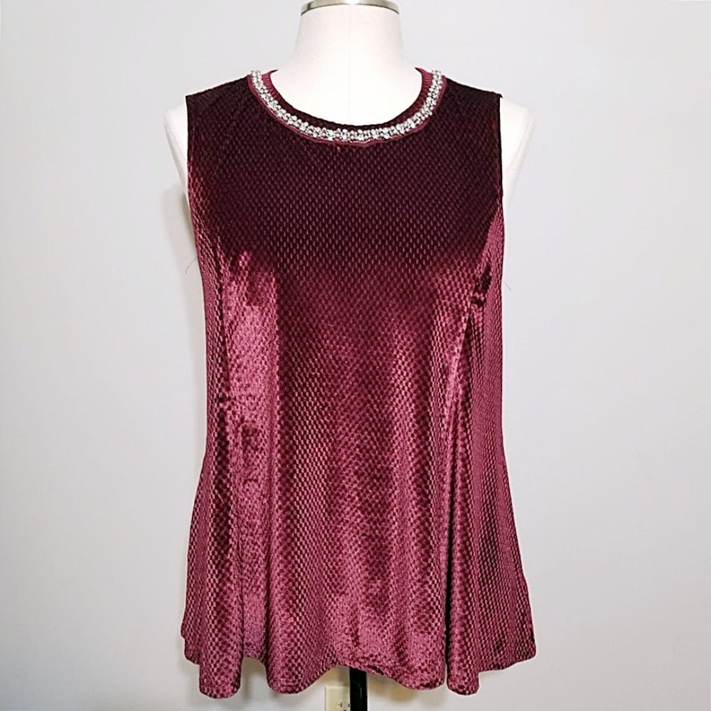 Dressbarn NWT Burgundy Velour Embellished Tunic Top M Loose Fit Sleeveless